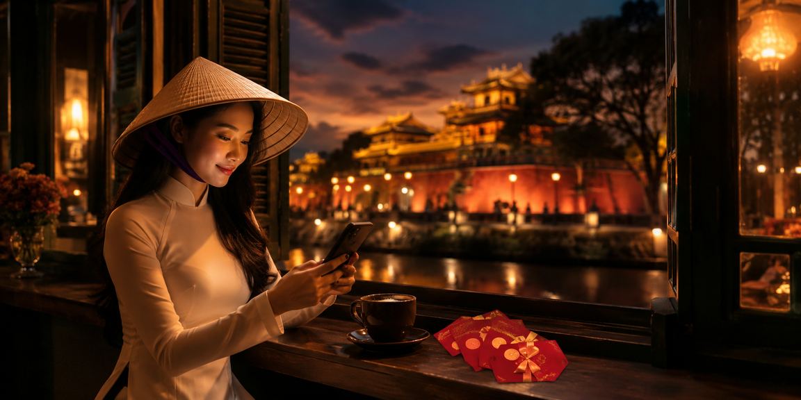 Người chơi Huế nhận thưởng phong bì đỏ trong trang phục truyền thống nón lá